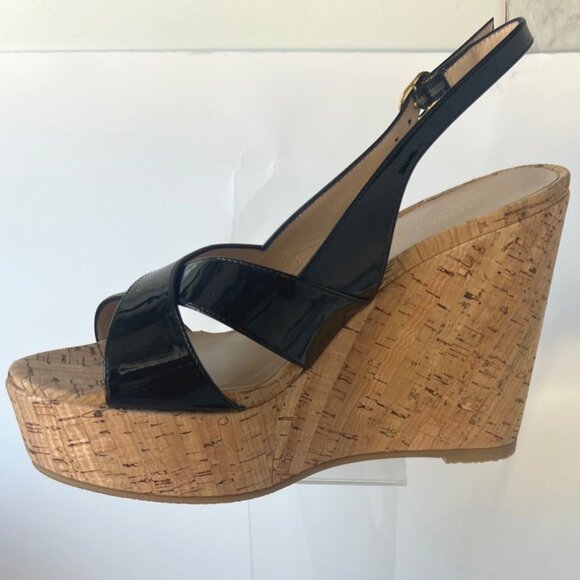 Stuart Weitzman Dayna Wedge Sandals Black Patent Leather Size 37 US6.5B - Picture 1 of 13